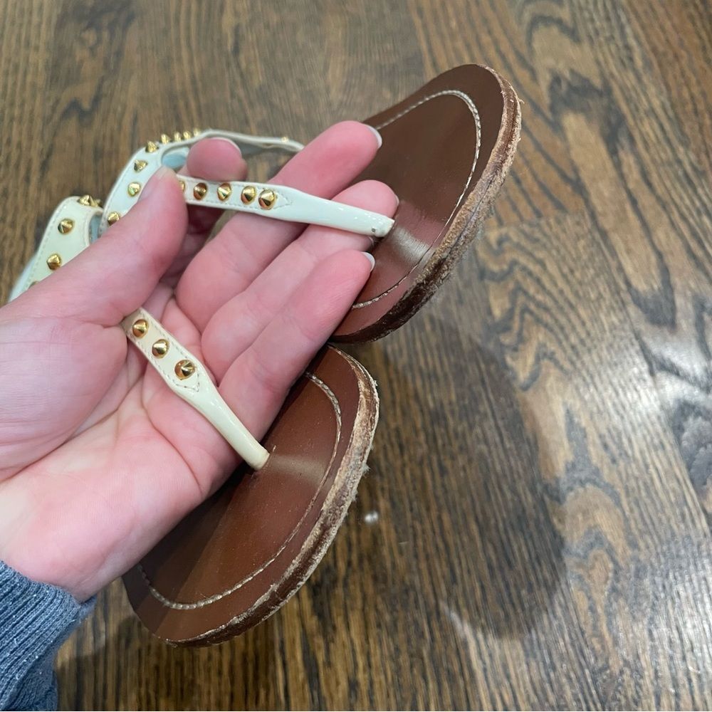 PRADA White Patent Leather Gold Studded Sandals - Picture 12 of 14